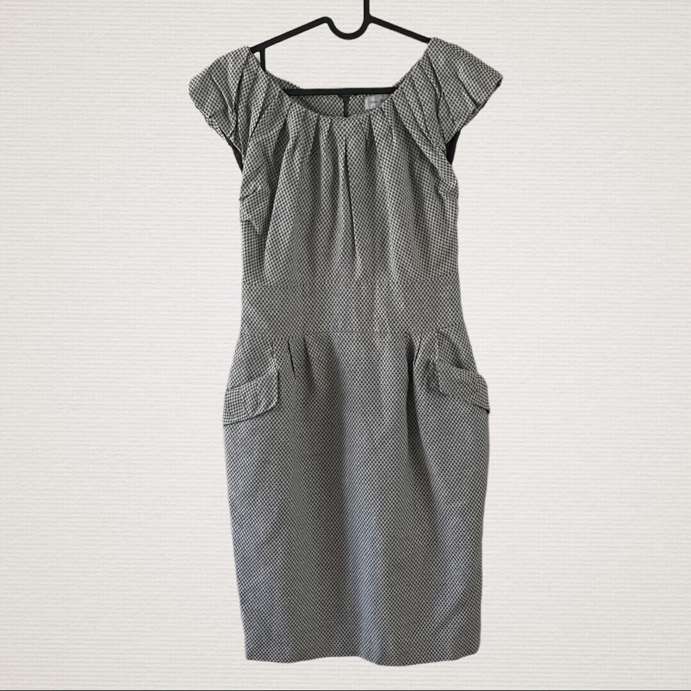 how and what | Plaid Sheath Dress with Pleated Neckline in Dk Grey/White Medium